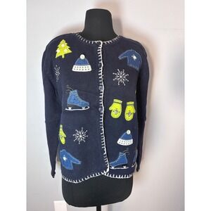 Christopher & Banks Navy Blue Winter Scene Cardigan Sweater M Hand Embroidered